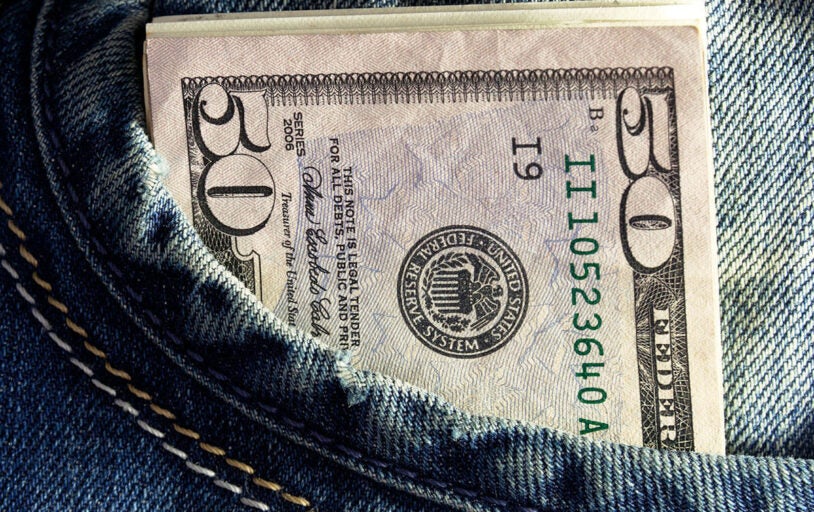 Fifty dollar bill in pants pocket