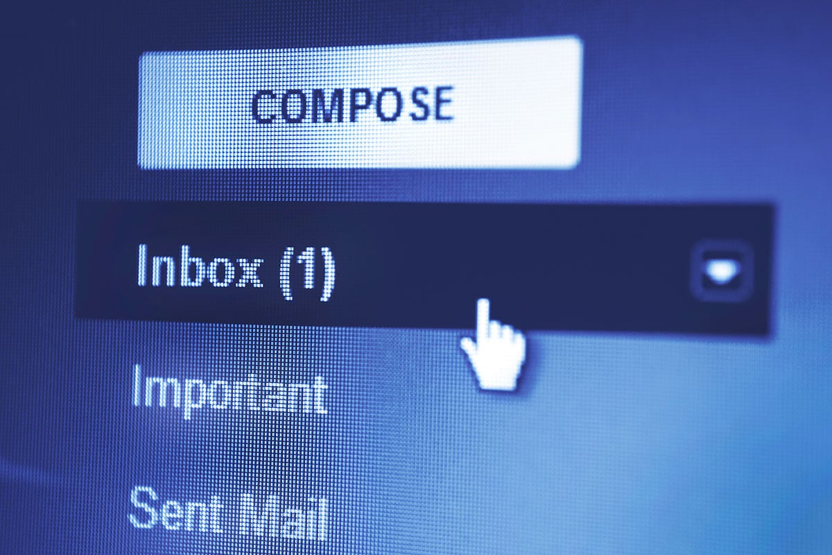 Computer screen of email inbox