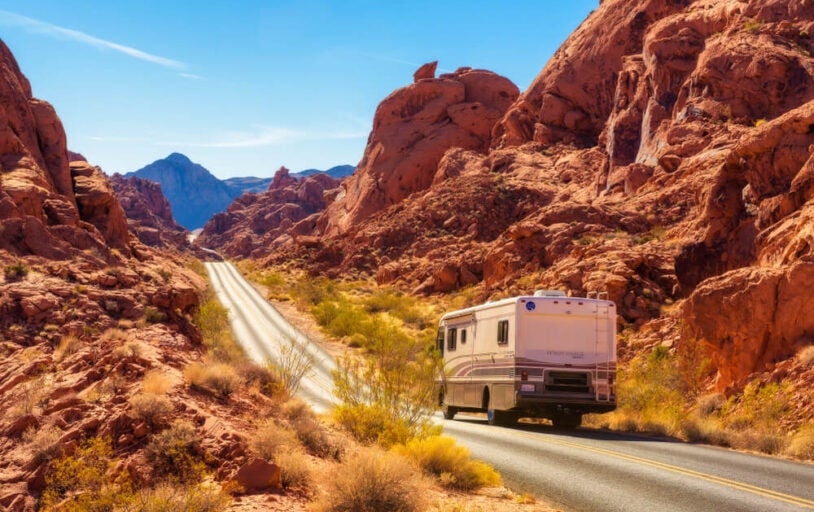 RV travelling in desert