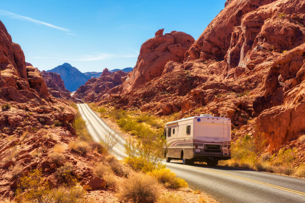 RV travelling in desert