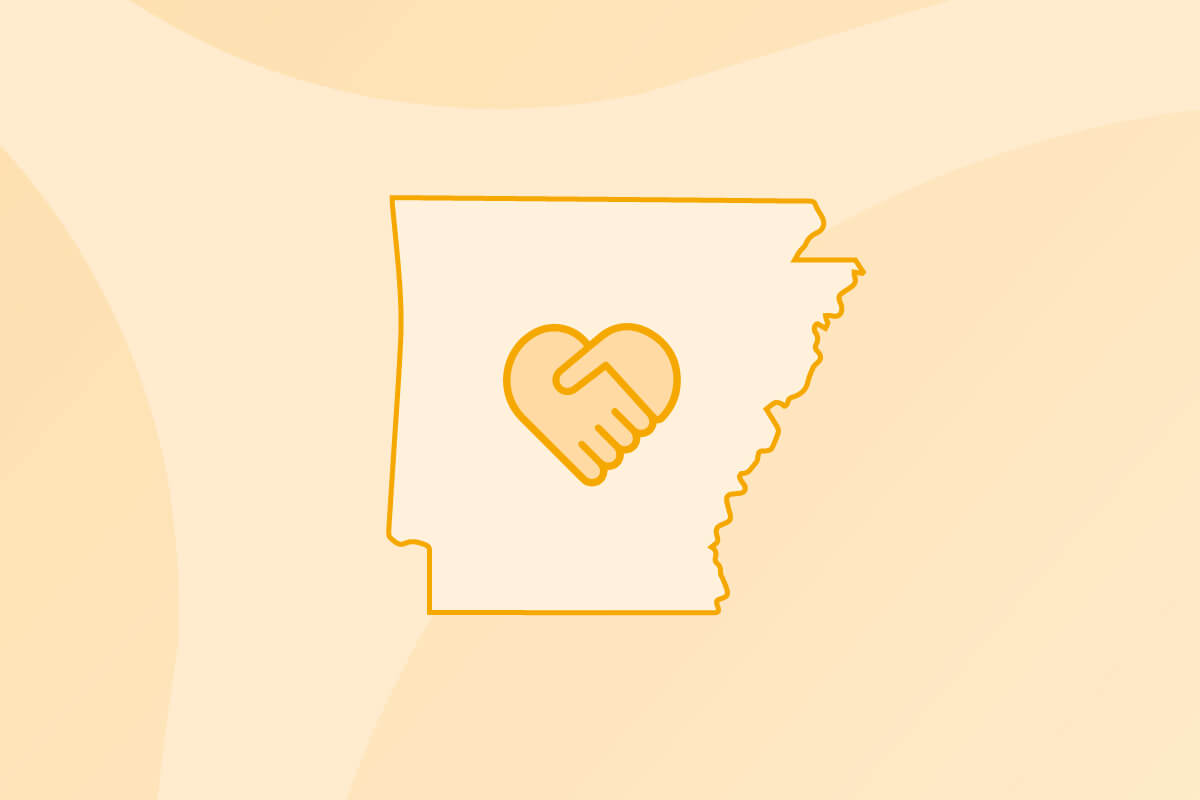 Outline of State of Arkansas with icon of hands holding