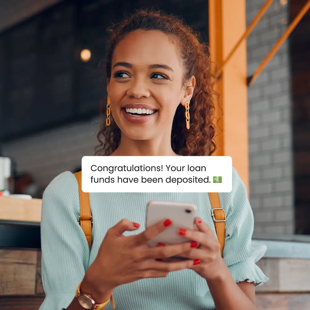 Personal loan. hero image. Image text: "Congratulations! Your loan funds have been deposited."