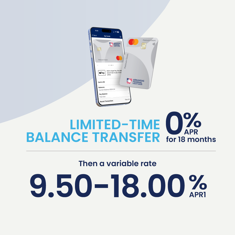 Limited-time Balance Transfer 0% APR for 18 months. Then a variable rate 9.50%-18.00%APR. See disclosures.